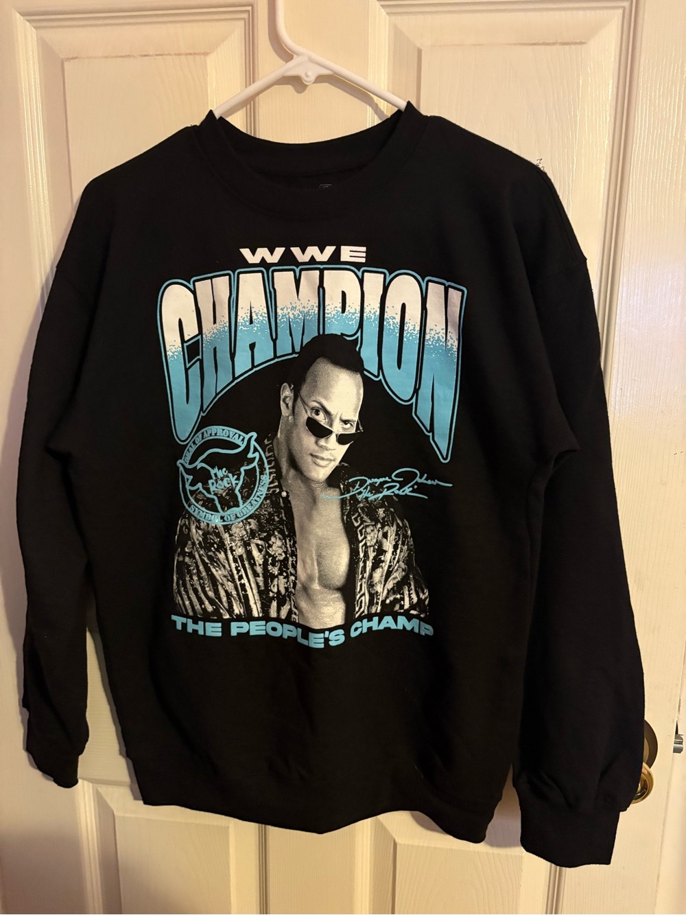 WWE Black Sweatshirt with Turquoise and White Champion Graphic